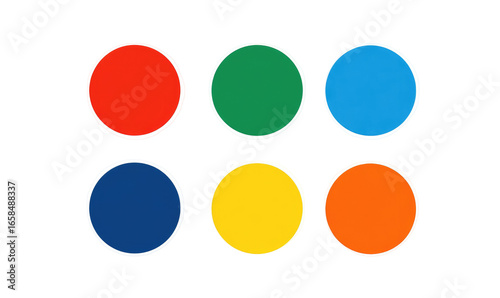 Six colored circles arranged in a grid.  Each circle is a solid color, with a thin white border.  Colors include red, green, blue, navy, yellow, and orange