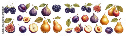 A vibrant array of ripe plums, pears, figs, and blackberries, showcasing their natural colors.