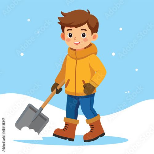 A young boy in a yellow jacket shovels snow on a winter day, smiling cheerfully.
