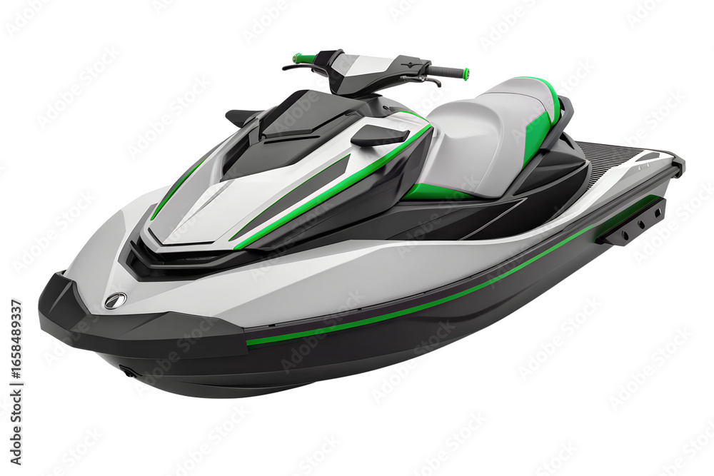 Naklejka premium Modern personal watercraft with a sleek, sporty design and vibrant green details. This high-speed jet ski is isolated on a clean white background.