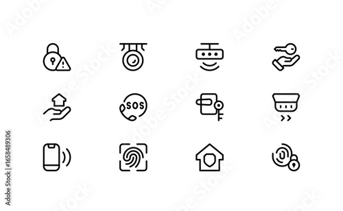 Home Safety and Security Icons – Flat Linear Outline Vector Symbols of Lock, Shield, CCTV, Alarm, House, Key, Safe, Modern Clean Pack for Apps, Websites, and Infographics