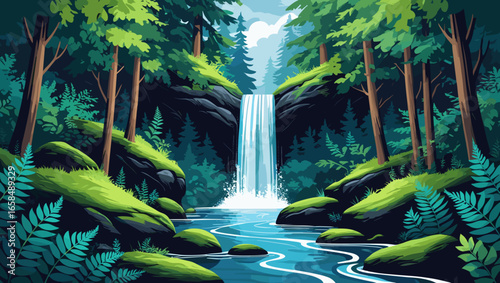 Vibrant waterfall surrounded by lush greenery in a serene forest