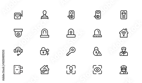 Flat Outline Home Security Icons – Minimal Linear Vector Collection with Lock, CCTV, Shield, Alarm, House, Key, Safe, Modern Pack for Web, UI, and Graphic Design Projects