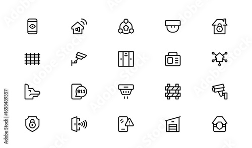 Home Security Protection Icons – Flat Linear Outline Vector Symbols of CCTV, Shield, Lock, Alarm, Key, House, Door, Clean Modern Pack for Apps, Websites, and Infographics