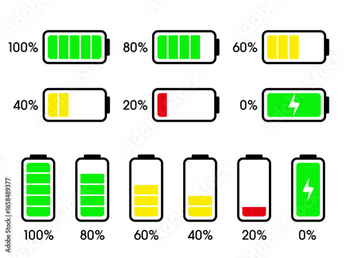 アプリUIや操作説明に使えるバッテリー残量表示アイコン 0〜100％の充電中シンプル素材セット