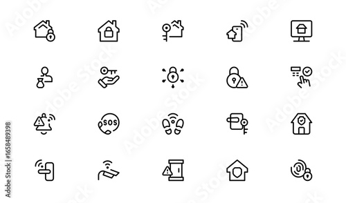House Security Icon Set – Flat Linear Outline Minimal Vector Symbols of Lock, Shield, CCTV, Alarm, Key, Door, Safe, Clean Collection for Apps, Web UI, and Infographics