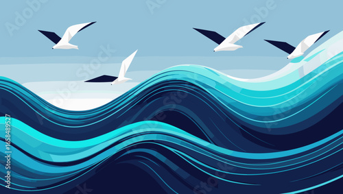 Stylized seascape with waves and seagulls conveying tranquility and freedom