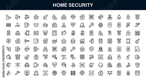 Modern Home Security Icons – Flat Linear Outline Vector Symbols Including Shield, CCTV, Lock, Alarm, Safe, Key, House Protection, Minimal Pack for Apps, Web, and Infographics