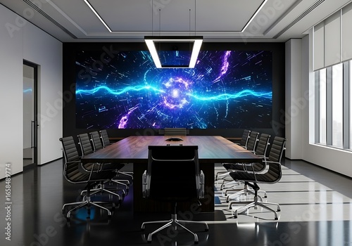 Modern conference room with dynamic digital display wall featuring electric blue energy burst