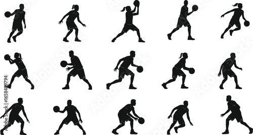 Silhouettes of male and female basketball players dribbling, shooting, passing ball, sport action poses, dynamic athletic vector design for game