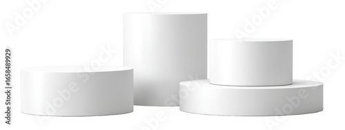 Three stacked white cylindrical display risers