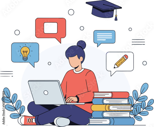 Online education and digital learning, flat vector illustration