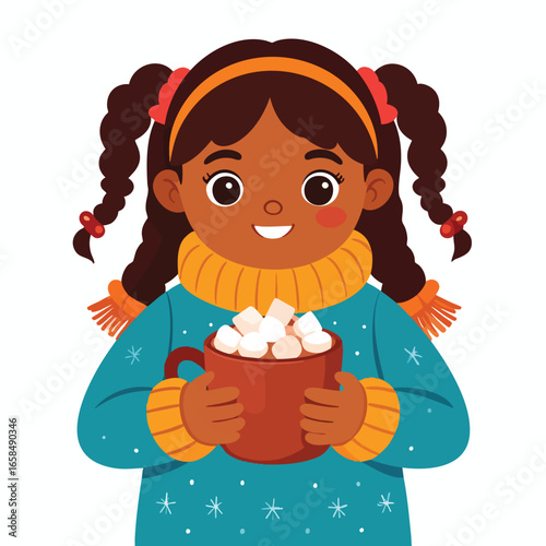 A cheerful young girl holding a mug of hot chocolate with marshmallows.
