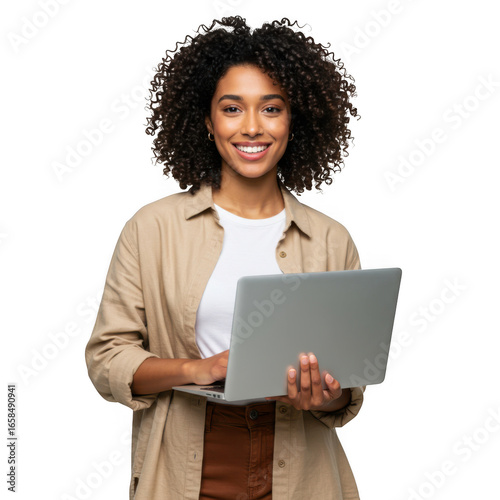 Smiling woman with laptop in studio isolated on transparent background