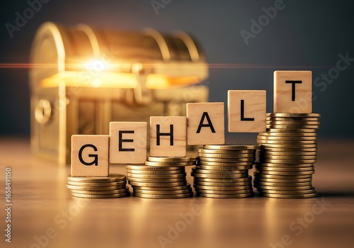Treasure Chest With Increasing Stack of Coins Spelling Out Salary