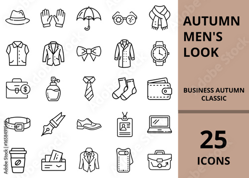 A set of icons representing the autumn men's look and business classics of autumn 