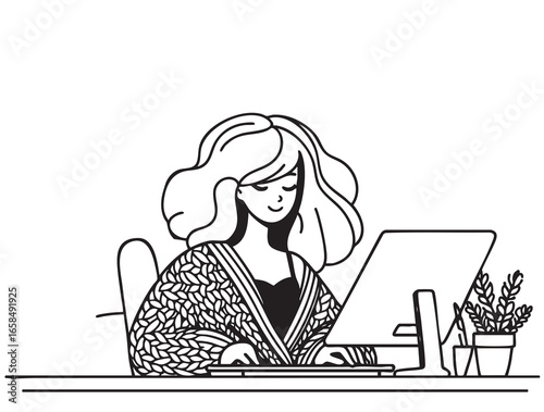 Hand Sketch of Working Girl for computer in office. Woman in knitted autumn cardigan