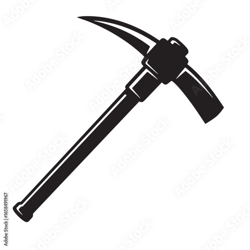 A detailed black and white graphic illustration of a pickaxe tool for mining and construction