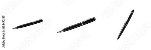 Black ballpoint pen with silver accents isolated on a transparent background