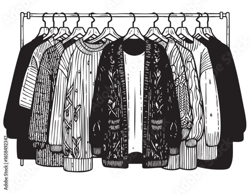 Fashion voluminous knitting cardigans and other autumn clothes on hangers, sketch