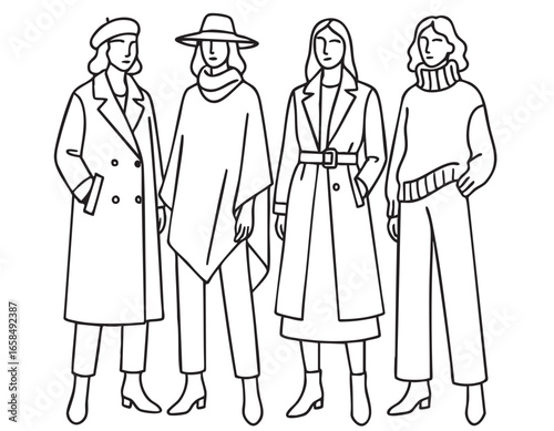 Fashion models. Sketch. Woman in dress. Fashion abstract silhouette models in autumn clothes