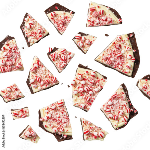 Delicious peppermint bark pieces isolated on transparent background, top view