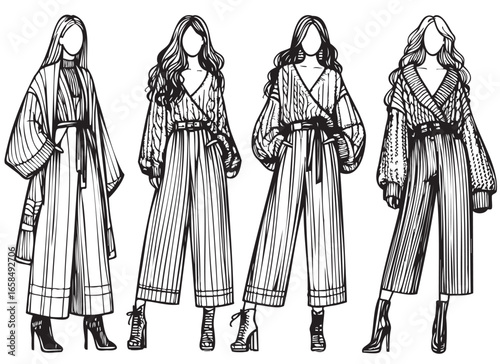Fashion models. Sketch. Woman in sweater and pants. Fashion abstract silhouette models in autumn clothes
