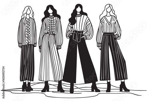 Abstract Fashion models. Sketch. Woman in sweater and pants. Fashion abstract silhouette models in autumn clothes