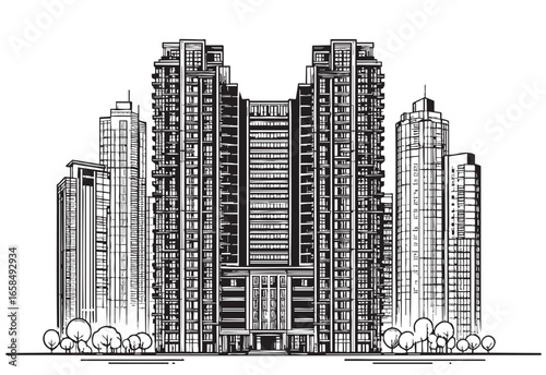 High rise building sketch. Line art