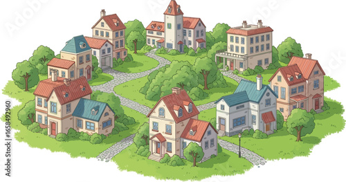 Cartoon illustration of a quaint village with various houses and winding stone paths surrounded by trees