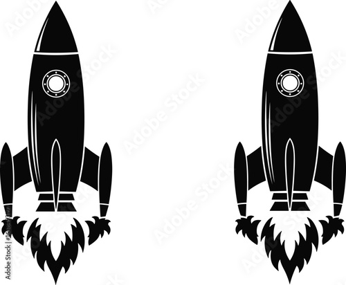 Vector rocket silhouettes, black space rockets with flames, futuristic spaceship icons, rocket launch design, outer space vector art, spaceship illustration