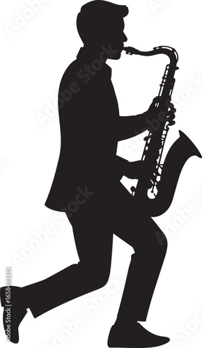 Silhouette of a Saxophone Player Performing with Passion and Energy on Transparent Backdrop