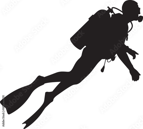 Silhouette of a Scuba Diver with Gear Underwater in a Dynamic Swimming Position