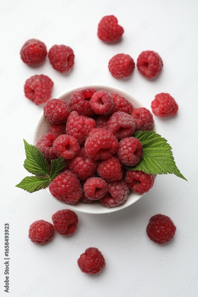 Tasty fresh ripe raspberries and leaves on white background, flat lay Tasty fresh ripe raspberries and leaves on white background, flat lay