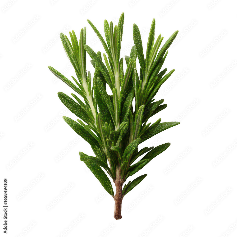 Fototapeta premium Fresh sprig of rosemary with vibrant green leaves, perfect for culinary uses and herbal remedies against a white isolated background.