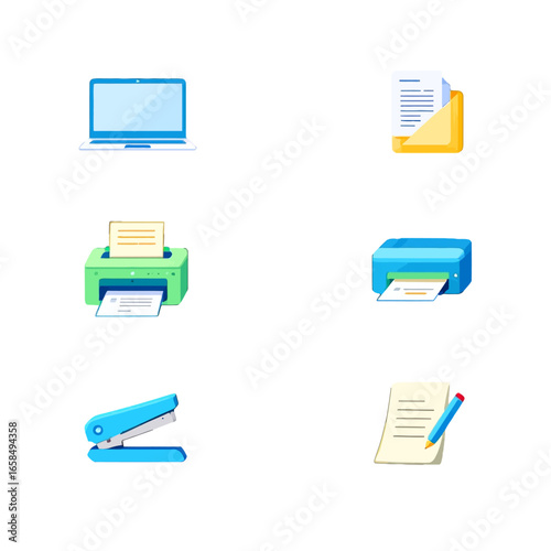 A vibrant set of office supply and technology icons. This collection illustrates the concept of business workflow, document management, and productivity.
