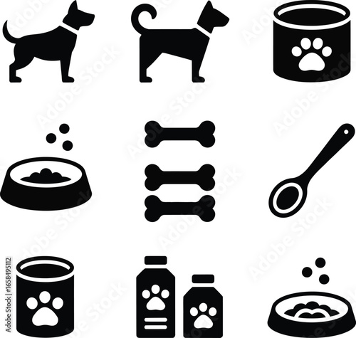 Assortment of Dog Related Icons Food Nutrition Health and Pets Needs in Black and White Symbolizing Pet Care and Animal Welfare