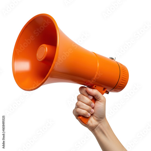 Hand holding orange megaphone, communication tool isolated on transparent background