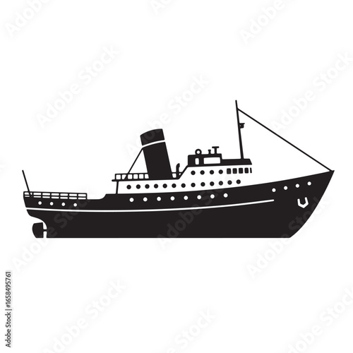Black and white silhouette illustration of a classic passenger steamboat on a white background