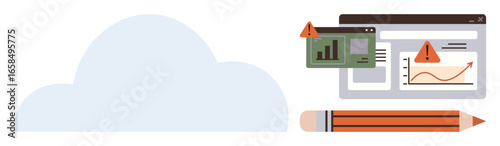 Cloud symbol, charts with alerts, and pencil representing data analysis, risk warning, cloud service issues. Ideal for technology, analytics, IT management, risk planning problem-solving simple