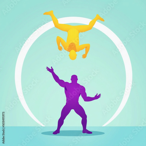 Dynamic performance featuring two stylized figures in an impressive display of acrobatic prowess, demonstrating strength, agility, and perfect balance within a minimalist circular motif