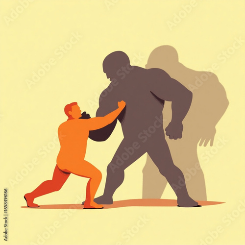 Man fights his shadow, symbolizing struggle and self-overcoming in a stylized illustration