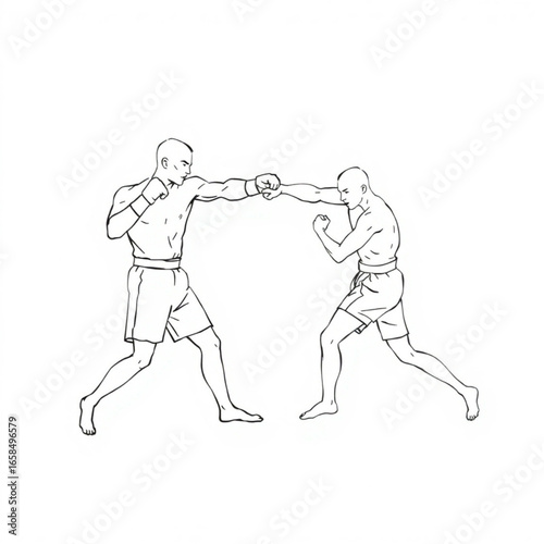 Two boxers in a sparring match, demonstrating a clean punch and defensive stance in a black and white illustration