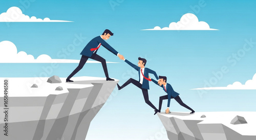 Businessman pulling another colleague up a mountain cliff, symbol of teamwork.