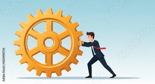Businessman pushing a large gear, symbolizing hard work and productivity.