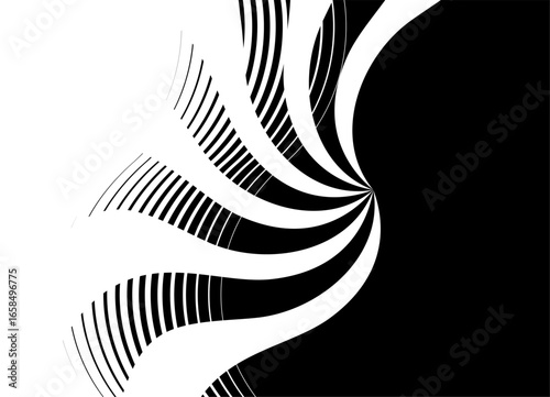 Transition from black to white. Swirled striped ribbons. Black pattern on white background. Design element. Vector background. Stencil, flower, star, sun, textile. Flag, Wind