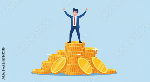 Businessman standing on a stack of coins, raising his hands in victory.


