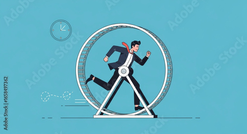 Businessman Running on Hamster Wheel, Symbol of Endless Routine and Work Cycle