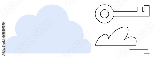 Cloud shaped graphic, outline of a key, and minimalist cloud icon. Ideal for technology, security, innovation, connectivity, storage, access simple landing page