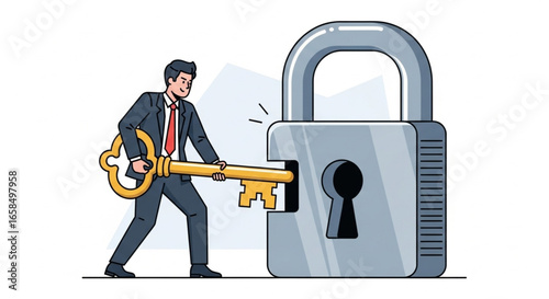 Businessman Unlocking a Giant Padlock with Big Key, Symbol of Opportunities and Business Success